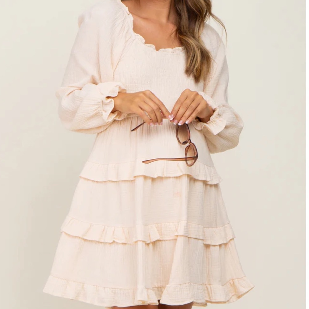 Ivory Smocked Ruffle Tiered Long Sleeve Dress . Cream colour. Never worn